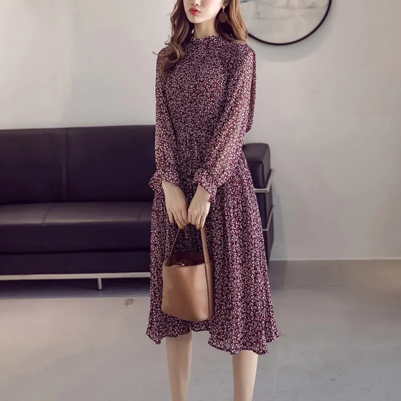 

Nice Fall Women Chiffon Midi Dresses High Waist Flare Sleeve Plus Size Dress Bohemian Stand Neck Floral Print A-Line Dress
