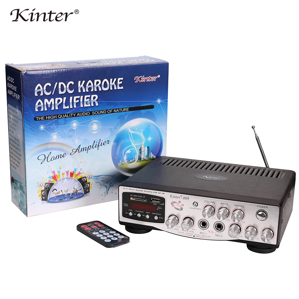 Kinter 009 караоке усилитель аудио hifi стерео звук 2CH DC12V AC220V с USB SD AUX Mic вход регулировка