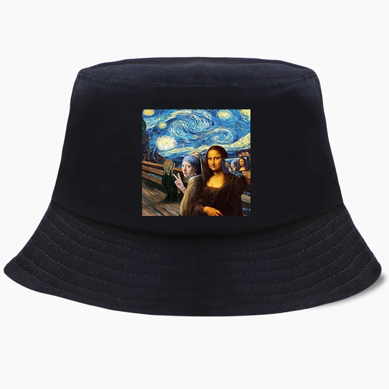 Bucket Hat Cap Mona Lisa Het meisje met de parel The Starry Night Funny Da Vinci Van Gogh Panama Fisherman Hats Outdoor Sun Caps |