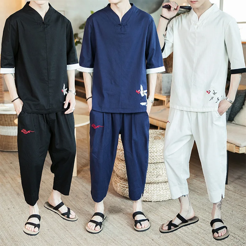 

Chinese-style MEN'S Casual Suit Chinese Costume MEN'S Short-sleeved T-shirt Chinese Clothing Retro Large Size Loose Casual Pants