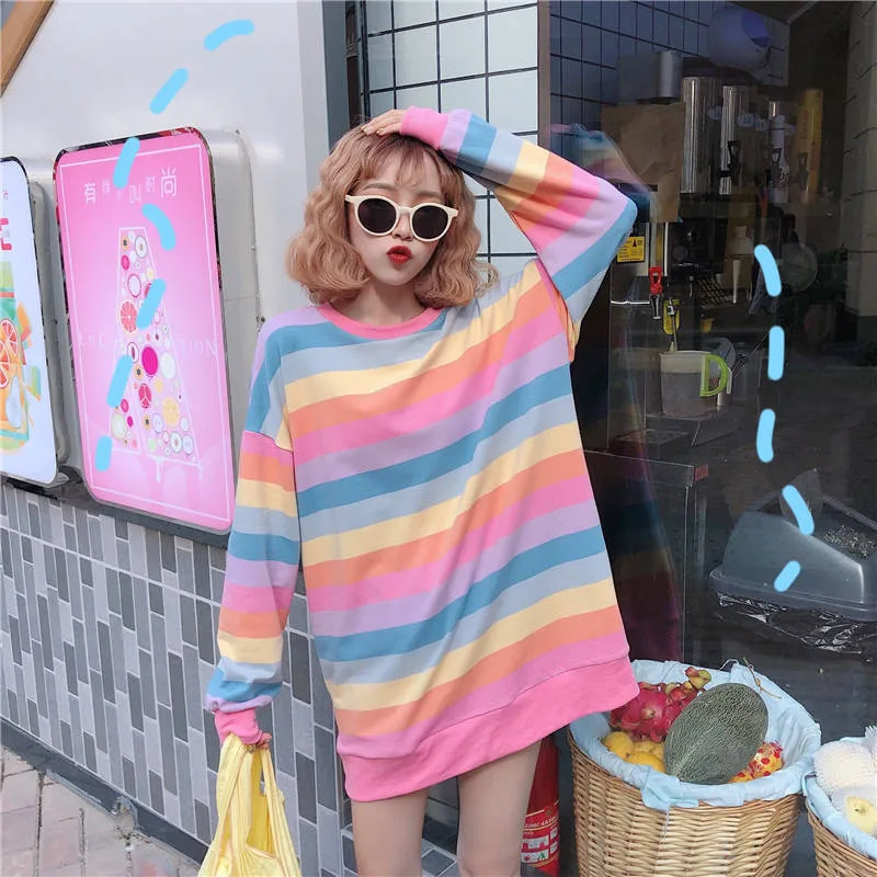 Милые осенние толстовки из хлопка Harajuku радужные полосатые толстовки женские милые Макарон толстовки свободные с круглым вырезом женские толстовки