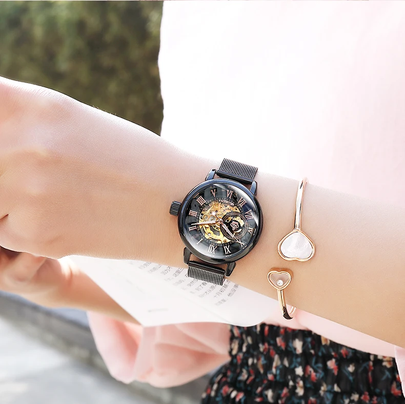 Розовое золото женские Автоматические механические часы с скелетом из нержавеющей стали модные повседневные женские наручные часы Подарки для женщин
