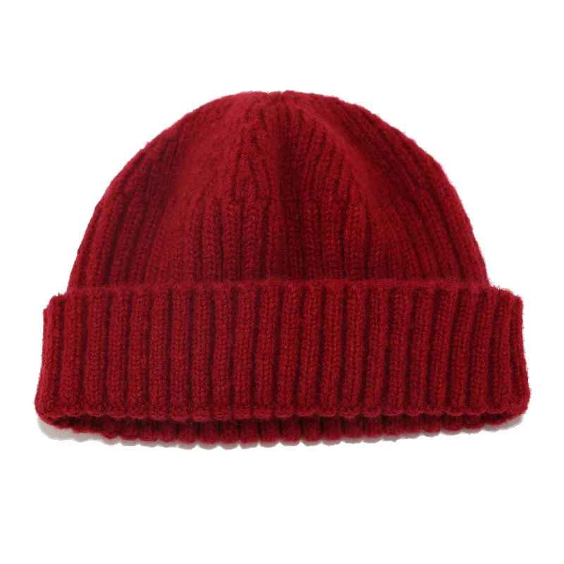 dark red Ladies Beanies Plain Acrylic Knitted Winter Hats for Women Men Short Cuff Cap Navy Khaki Yellow Green Black - Color: dark red
