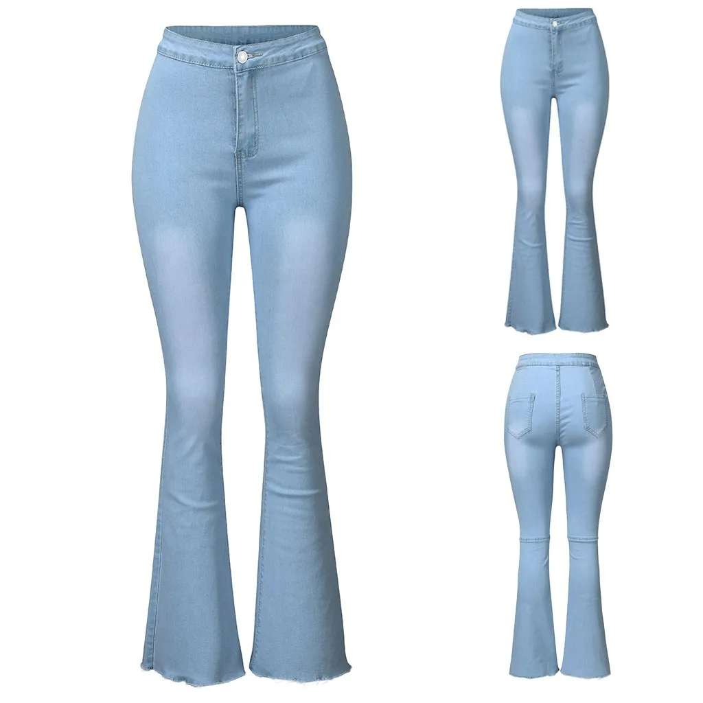 Women Flare High Waist Jeans Button Drawstring Waist Bell Bottom Denim Pants jeans woman джинсы женские джинсы
