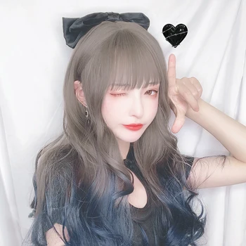 

HUAYA Long Wavy Curly Lolita Cosplay Wig Gray Ombre Blue Heat Resistant Synthetic Wig With Bangs Girl Daily Party False Hair