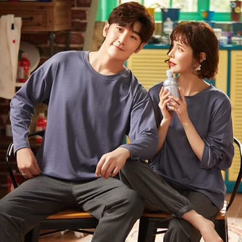 

6535 Cotton Casual Pullover Long Sleeve Trousers Boy Girl Pajama Jammies Win/ Autumn Couples Lovers O-Neck Nightwear Pyjamas hde