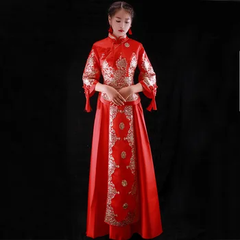 

High Quality Gorgeous Vintage Cheongsam Qipao Grosgrain Traditional Chinese Wedding Dress Red Chinese Canton Embroidery Design