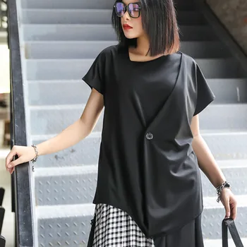 

XUXI Short-sleeved Asymmetrical Fashion T-shirt Women Summer Loose Large Size Single Button Streetwear Waist Rope Lace Up FZ2292