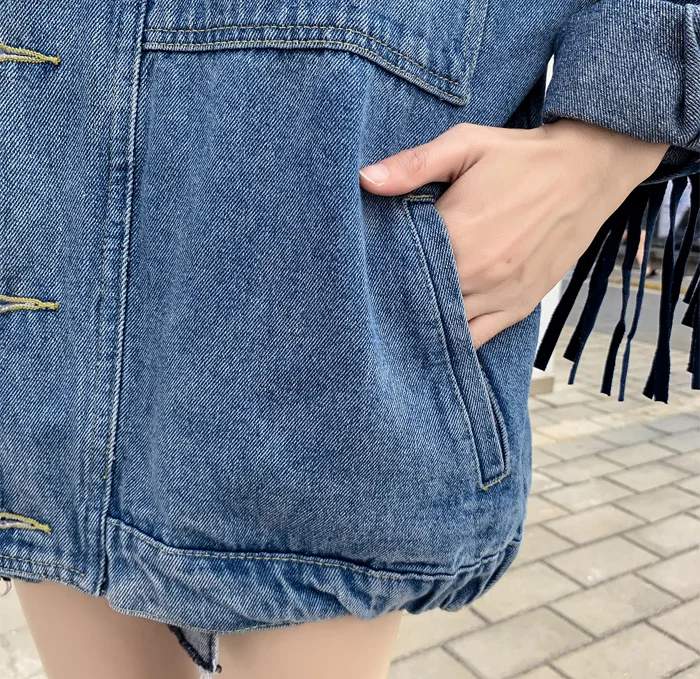 Moto Biker female spring jean jacket Punk Boho Tassel Embroidery Denim Jacket Women Blue Loose Rivet Pocket Oversize