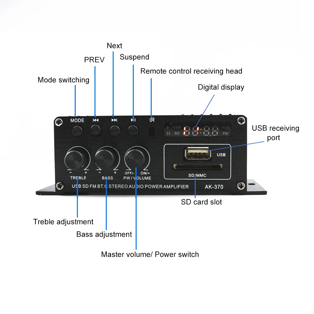 AK370 12V Mini Audio Power Amplifier Bluetooth Amplifier Audio Receiver MP3 Player FM Radio with Remote Control for Car/Home Use 5 channel amp