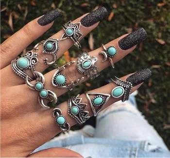 

Birthday gift, 11 PCS Rings Turquoise Crescent Moon Owl Fashion Personality Alloy Rings