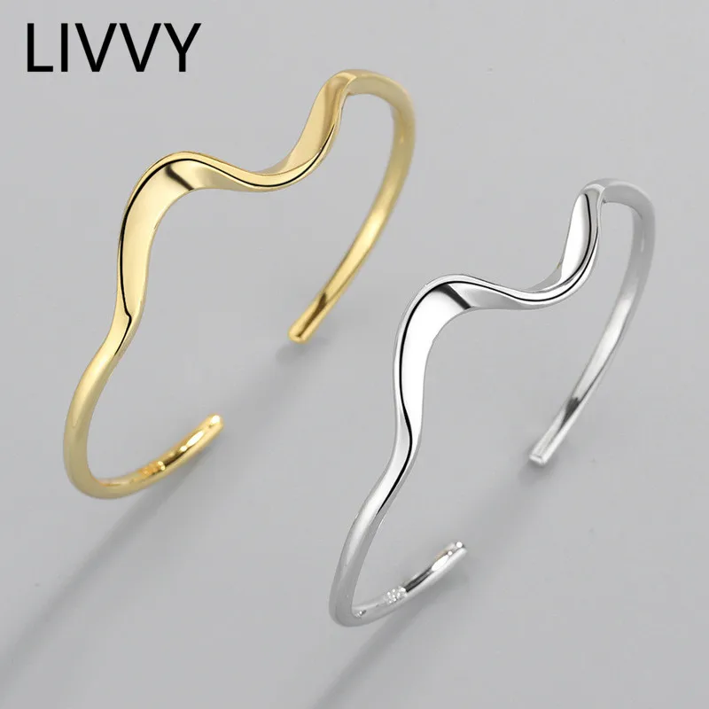 LIVVY Silver Color Minimalist Irregular Wave Twisted Open Adjustable Bracelet Bangle for Women Girl Simple Fashion Fine Jewelry