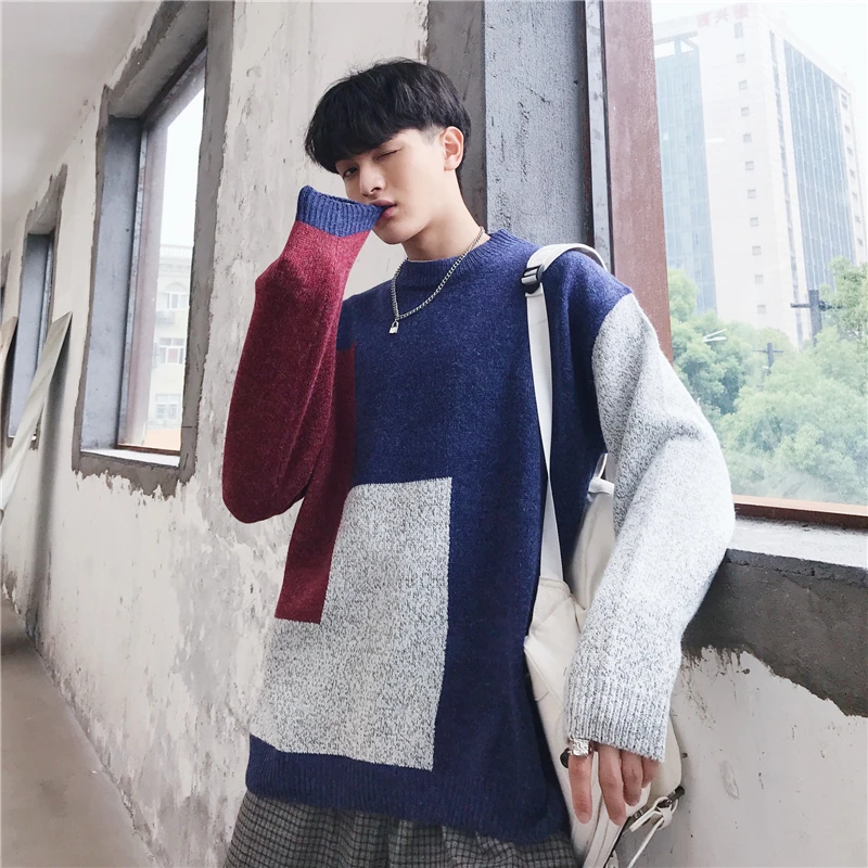 Winter Sweater Men's Warm Fashion Contrast Color Stitching Casual Knit Sweater Man Loose Long-sleeved Pullover Male Clothes Winter Sweater Men's Warm Fashion Contrast Color Stitching Casual Knit Sweater Man Loose Long-sleeved Pullover Male Clothes