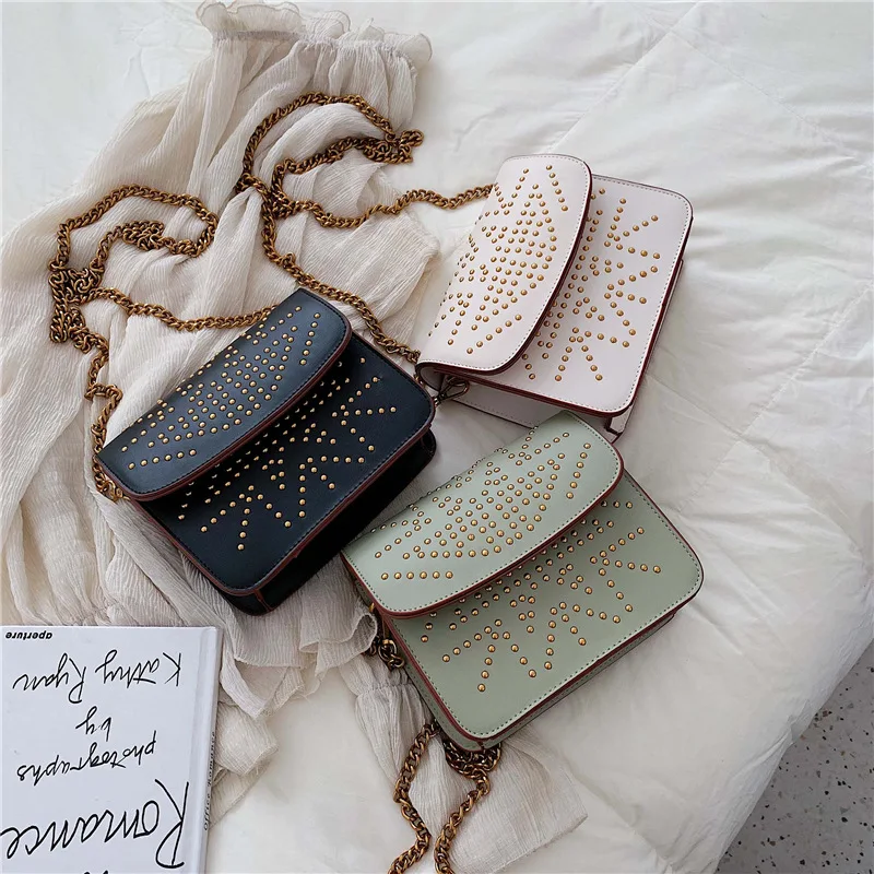 

Elegant lady retro design small square bag fashion rivets decorative texture leather wild chain shoulder messenger bag 2019 new