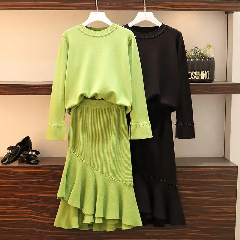 Женский вязаный комплект из 2 предметов размера плюс осенне-зимняя одежда