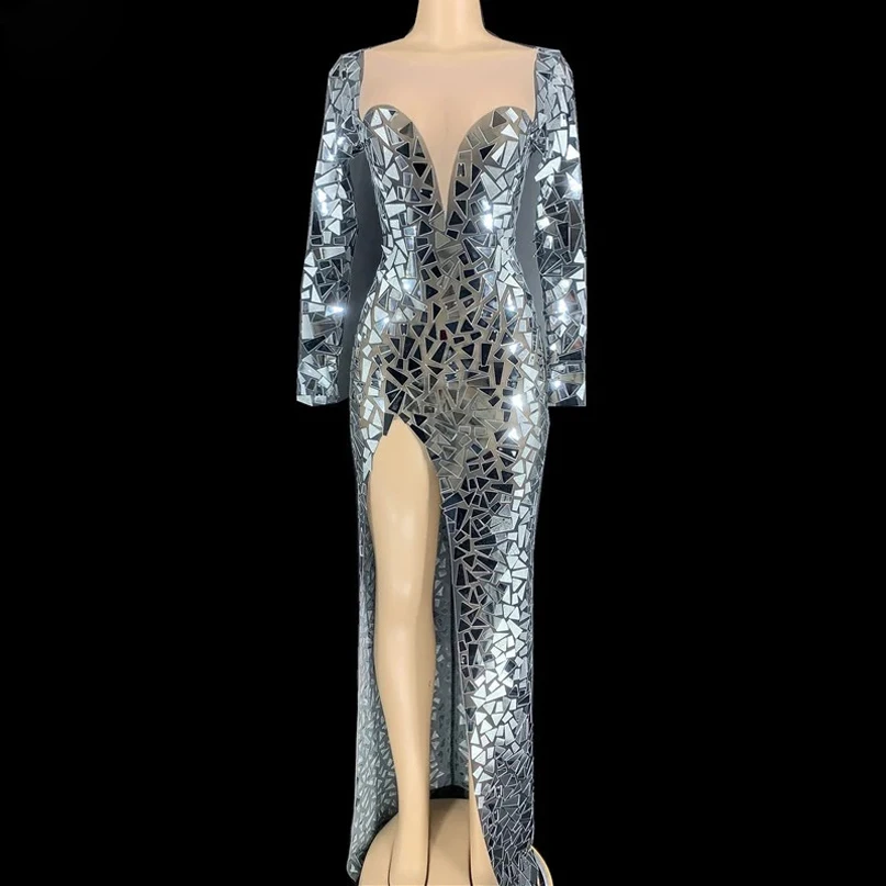 

Sparkly Mirror dresses Women Long Sleeve Transparent Long Dress Birthday costume