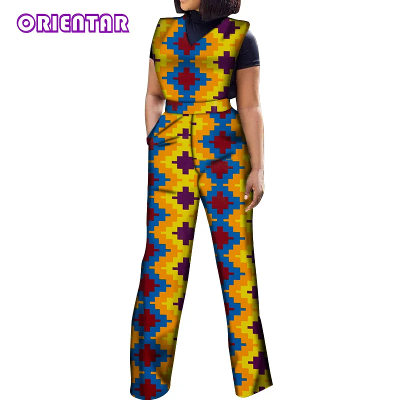 African Jumpsuits for Women V-Neck Sleeveless Autumn Fashion Romper Wide Leg Pants African Batik Wax Print Jumpsuits WY5458