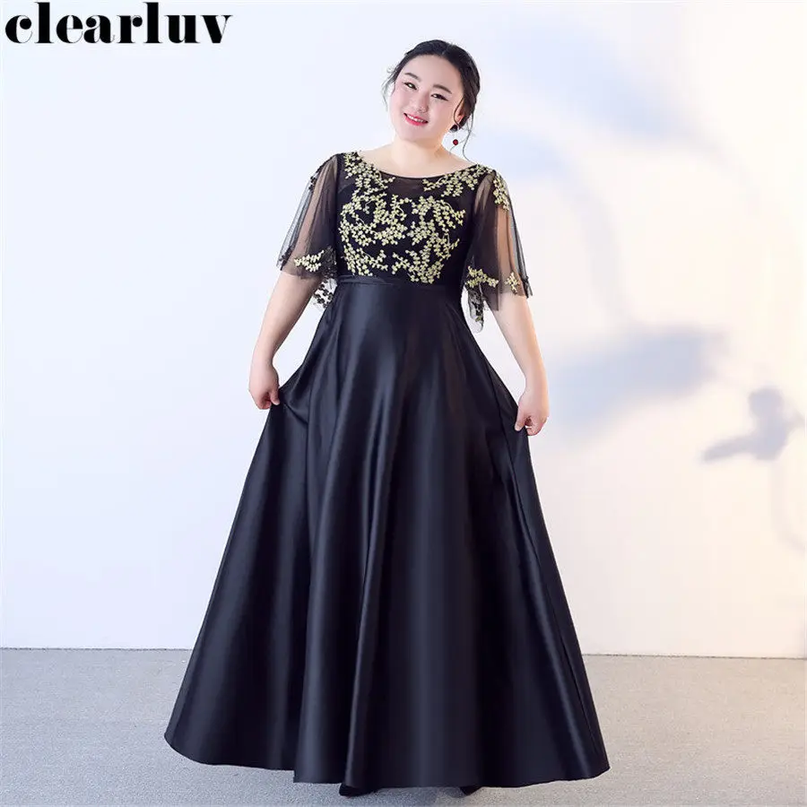 

Evening Gowns Floor Length Robe De Soiree T370 2019 Plus Size O-Neck Appliquens Women Party Dresses Black Elegant Evening Dress