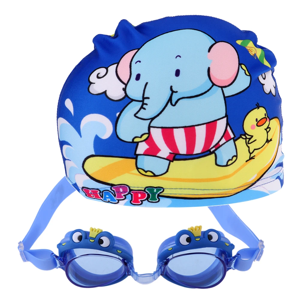 Anti-Fog Swimming Goggles age 4-12 + Cute Swim Cap + Ear Plugs for Kids Girls Boys Adjustable Strap Swim Glasses