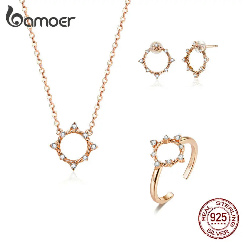 

bamoer GUS180 Women Jewelry Set Rose Golden Shining Circle 925 Sterling Silver Ring & Earrings & Necklace Fine Jewelry Set