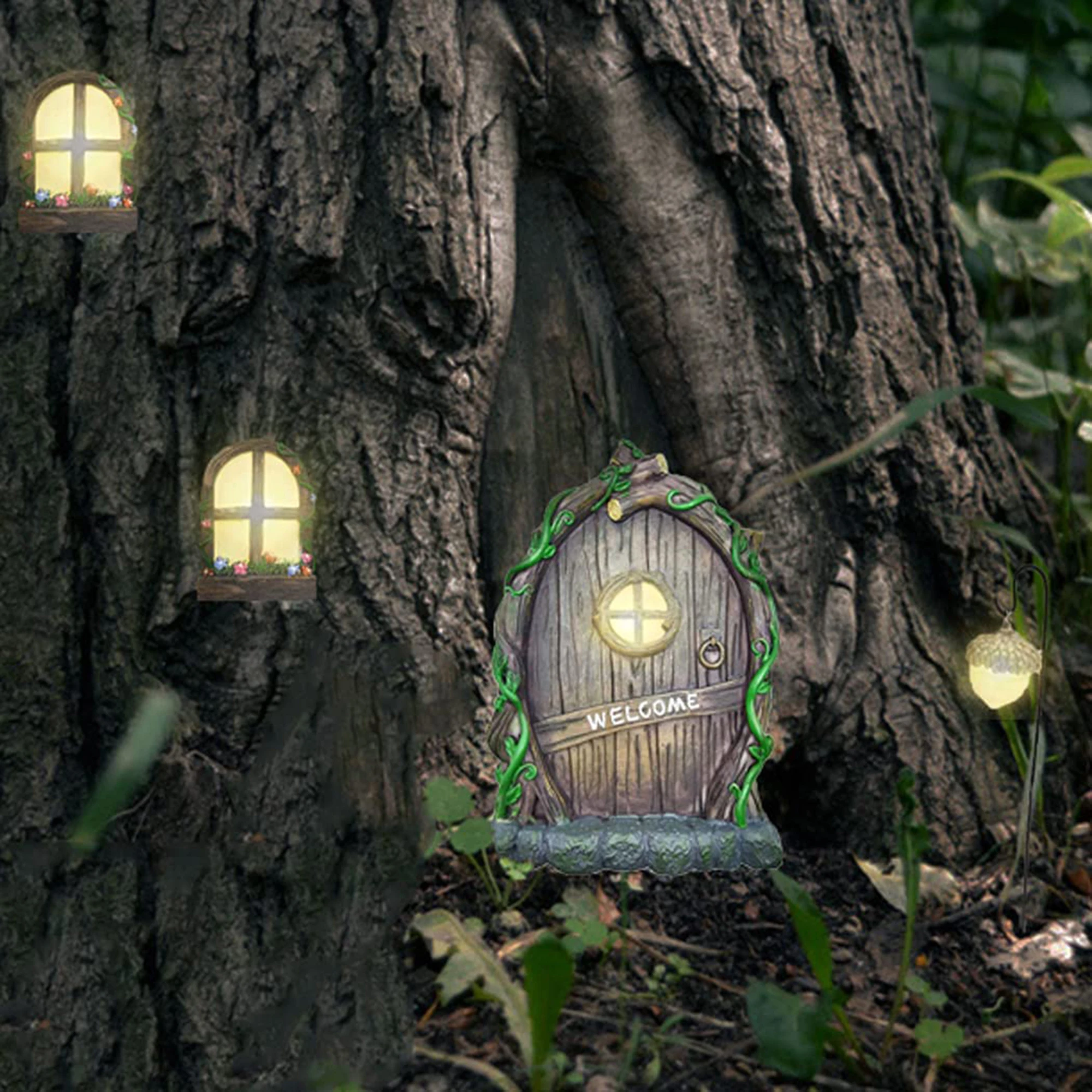 

Newest Arrival Resin Luminous Welcome Door Miniature Fairy Elf Windows Decoration for Garden Patio Yard