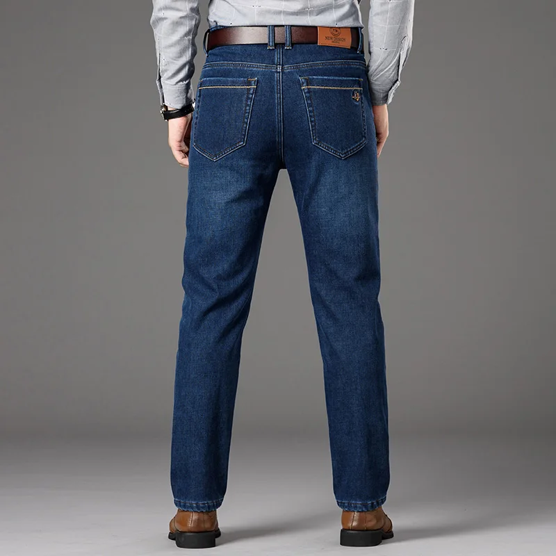 Reviews Free Shipping 2019 Winter Plus Velvet Thick Jeans Men's Elastic Loose Straight Jeans Black Blue elastic force Business Casual