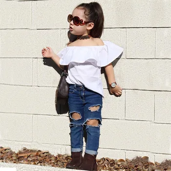 

2020 Summer New Style 2pcs Set Toddler Kids Baby Girls Clothes Sets White Tops T-shirt Denim Long Pants Jeans Outfits Set