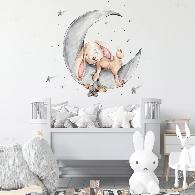 Cartoon Bunny Bear Sleeping on the Moon and Stars Wall Stickers for Kids Room Baby Room