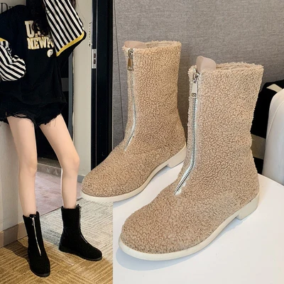 2020 autumn and winter new female Korean version of the wild thick with front zipper lamb hair short boots | Обувь