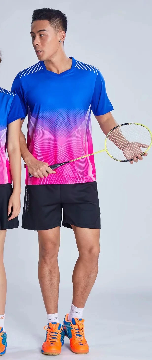 Contrast Badminton T-Shirt Sets Quick Dry Sweat Absorption Breathable Table Tennis Sports Suits For Men& Women L802SHC - Color: Men Blue