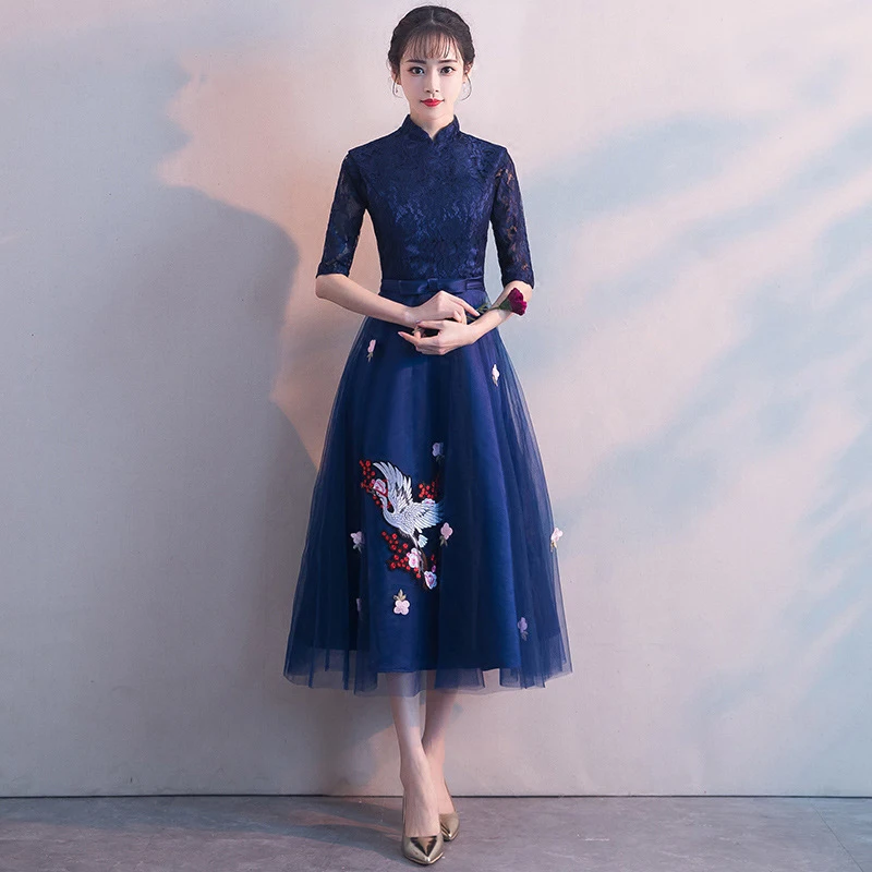 Темно-синие вечерние платья для женщин, кружевное платье Cheongsam в китайском стиле, свадебное платье Qipao, элегантные длинные платья, роскошное платье Vestido XS-XXL
