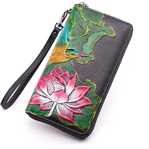 12 Colors Embossing National Women Long Zipper Wallet Luxury Genuine Leather Wallets Designer Ladies Purse Fashion Female Clutch - Цвет: 8