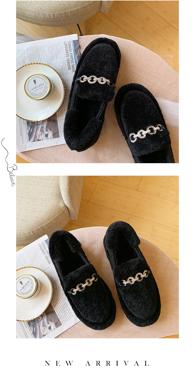 winter warm women cotton shoes creeper bottom anti-skid fur slip-on loafers rhinestone metal chain lazy outside casual moccasins