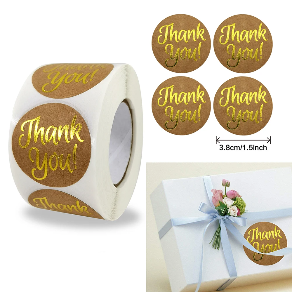 

500PCS 3.8CM Kraft Paper Thank You Gold Stickers Party Gift DIY Greeting Card Decoration Labels Stationery Planner Stickers