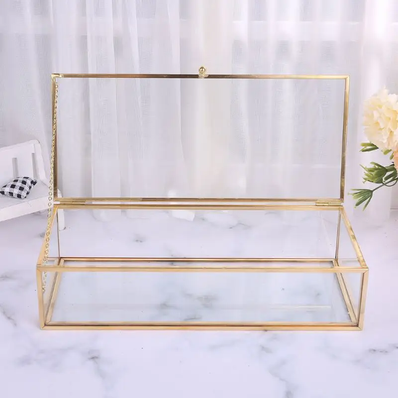 K5DC Golden Vintage Glass Lidded Box Edge Bracelet Keepsake Decorative Jewelry Display Personalized Large Clear Rectangle Box jewelry display pillows mini storage boxes