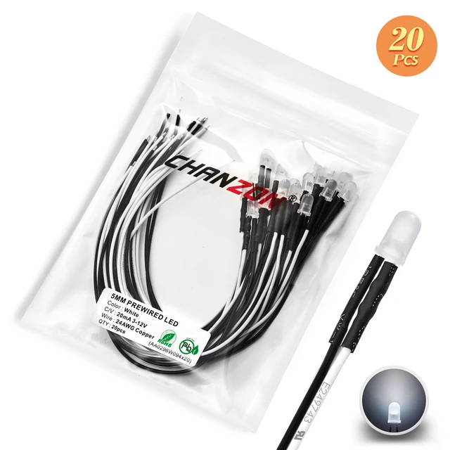 12V 5mm LED Diode Kit Warm White Red Green Blue Yellow Orange UV Purple Pink Prewired 5 9 12 V Diffused Light Emitting Indicator 20pcs Matte White