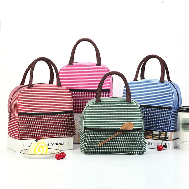 

PACGOTH Simple Waterproof Oxford Cloth Striped Lunch Bag Portable Insulated Thermal Food Picnic Front Pocket Design Storage Bags