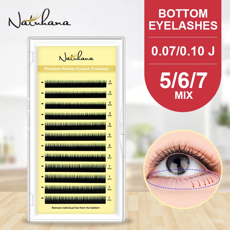 NATUHANA Bottom Eyelash Extension Individual Natural Soft Under Eyelashes J Curl 5-7 Mix Synthetic Mink Lower Lashes for Makeup