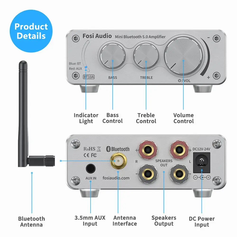 Integrado de Alta Fidelidade para Alto-falantes em Casa Fosi Áudio Bluetooth Amplificador Estéreo Receptor Classe d Mini 50w * 2 Agudos & Graves Bt10a 5.0 - Image 2