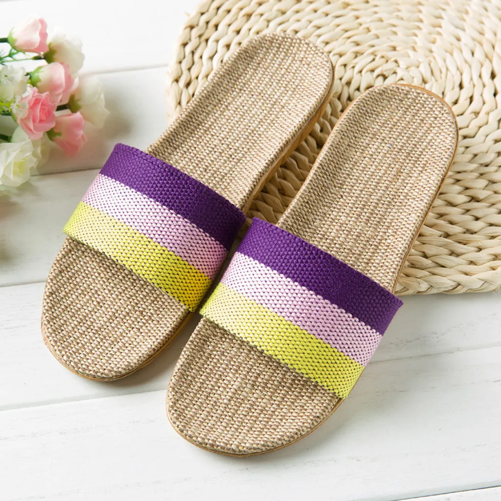 

Round Toe Women's Slipper Fashion Anti-slip Linen Home Indoor Open Toe Flat Shoes Beach Slippers Summer Shoes Women 2020
