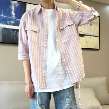 

2020Spring And Summer New Youth Popular Vertical Stripes Color Matching Single-breasted Short-sleeved Shirt Fashion Casual Shirt