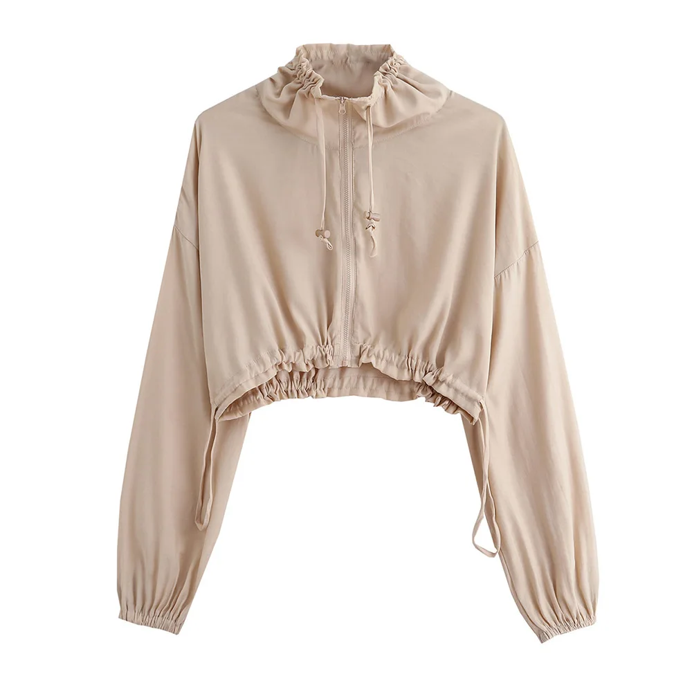 

Europe and America 2020 Women New Fashion clothing Khaki elastic waist zipper short Hooded Jacket
