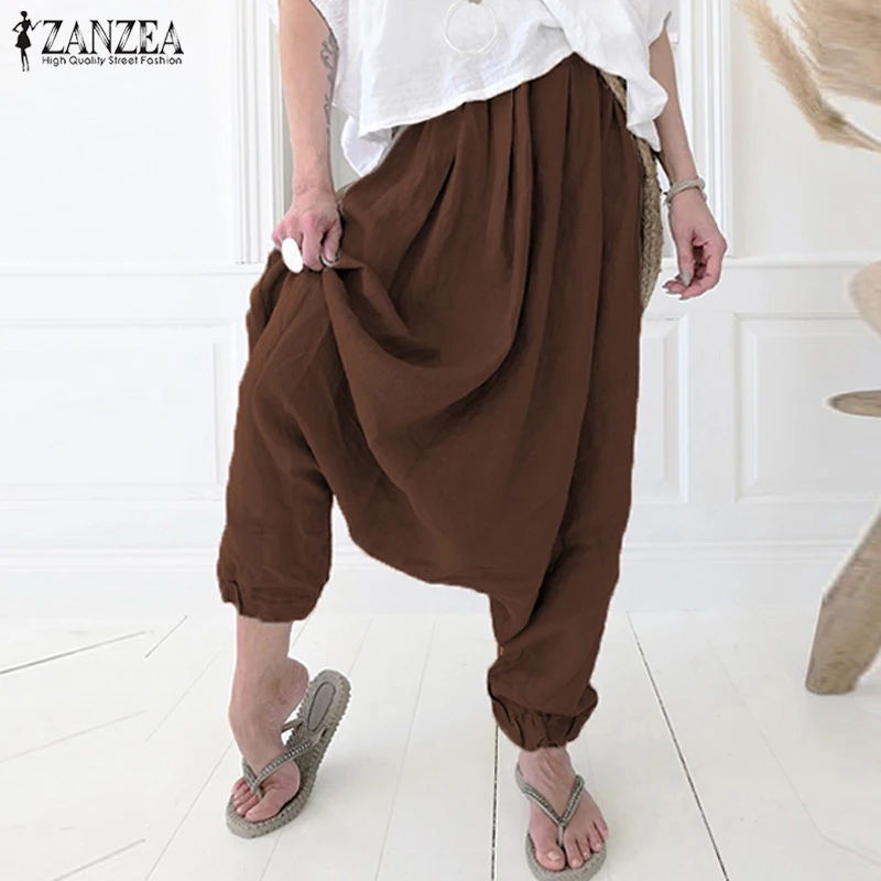 

2019 Women Drop Crotch Pants ZANZEA Vintage Solid Cotton Harem Pantalon Casual Elastic Waist Loose Long Palazzo Trousers Femme