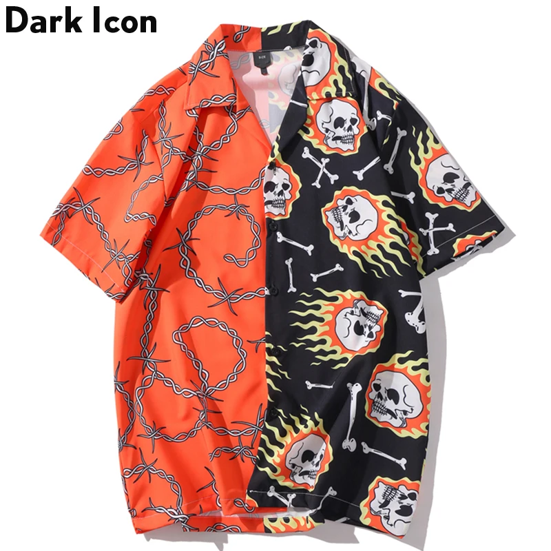 Темно-икона череп полностью Лоскутные хип-хоп рубашки Летние Гавайские рубашки для мужчин с коротким рукавом