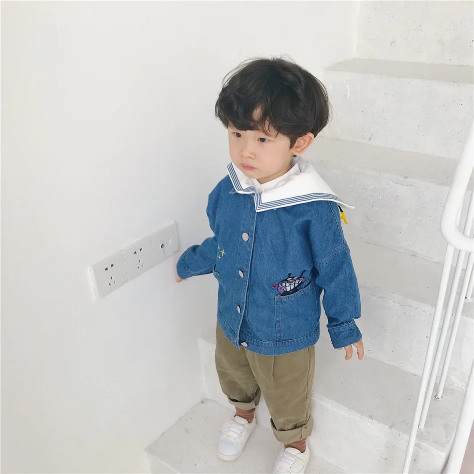 Tonytaobaby/осенне-зимняя одежда новая детская одежда темно-Синее джинсовое пальто куртка для маленьких мальчиков куртки для девочек