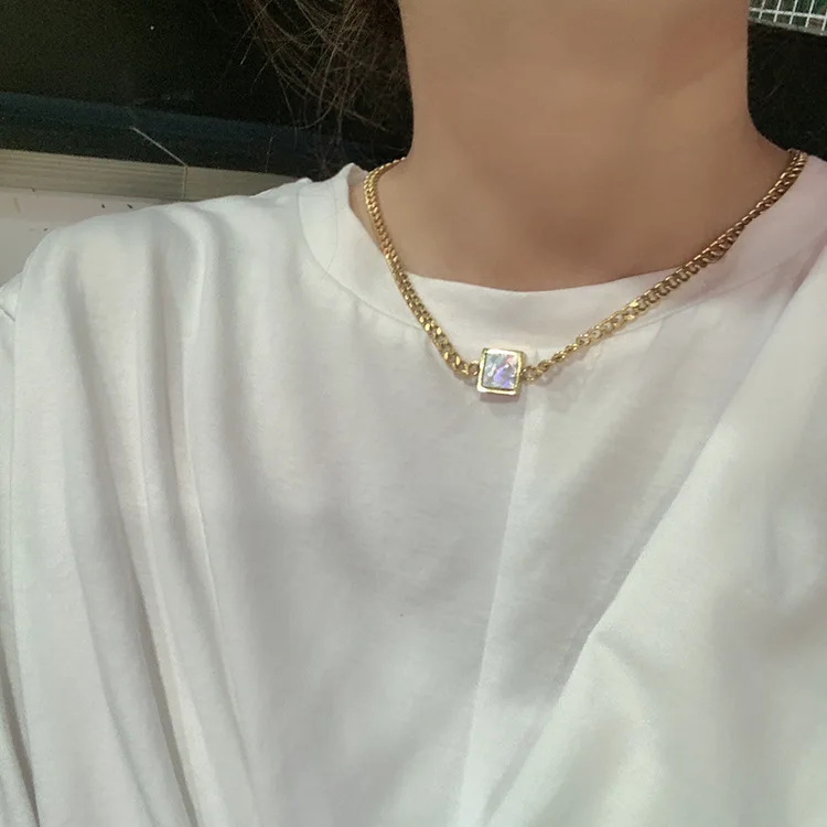 Stainless Steel Cuban Chain Square Mother Of Shell Pendant Necklace For Women Elegant Stacking Chokers Jewelry | Украшения и