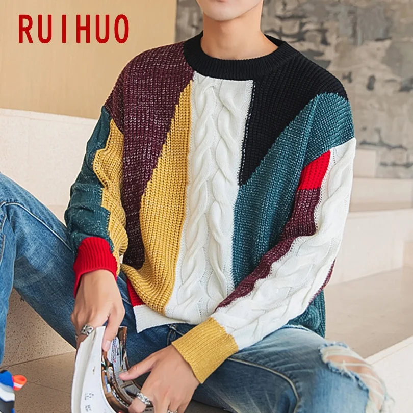 RUIHUO лоскутное зимний свитер мужской Рождественский свитер мужское зимнее пальто пуловер и свитеры для мужчин осень корейская одежда XXL - Цвет: Black