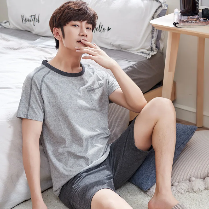Pajama male summer short sleeve cotton qualitative pure color summer individual character tide takes home thin money suit