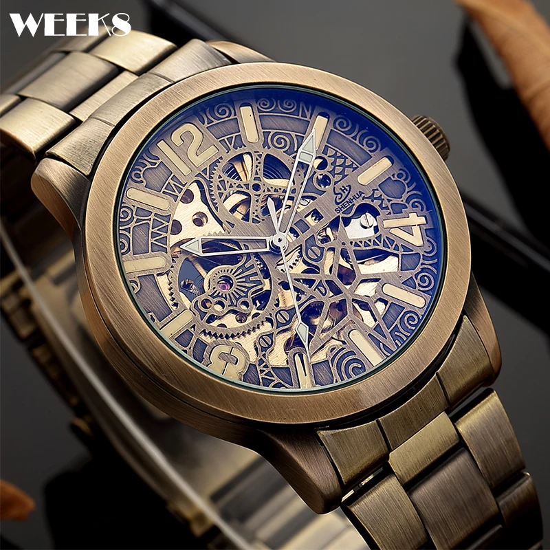 

Часы мужские механические с автоподзаводом, винтажные наручные часы-скелетоны из нержавеющей стали в стиле стимпанк, цвет бронзовый/коричневый