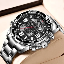 Męskie zegarki 2021 nowy FOXBOX podwójny wyświetlacz ze stali nierdzewnej Sport Wrist Watch dla mężczyzn wodoodporny data zegar Relogio Masculino + Box tanie i dobre opinie 22cm BIZNESOWY QUARTZ Podwójne wyświetlanie 3Bar Składane bezpieczne zapięcie CN (pochodzenie) STAINLESS STEEL 13mm